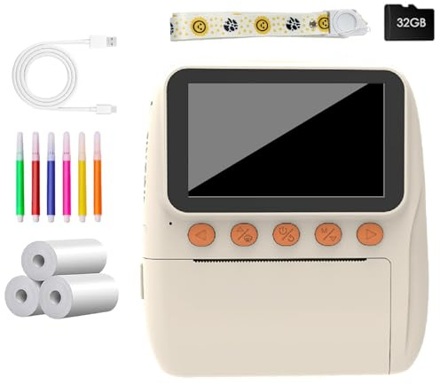 QINZITAO Appareil photo à impression instantanée pour enfants avec stylo de coloriage carte de 32 Go 1080p Design rétro pour enfants de 3 à 12 ans Durabilité et matériaux sûrs
