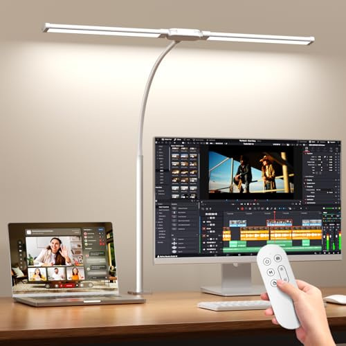 SKYLEO Lámpara de escritorio LED – Doble cabezal con mando a distancia y control táctil – Cuidado de los ojos – 12 W, 5 modos de color, temporizador y función de memoria, cuello de cisne flexible