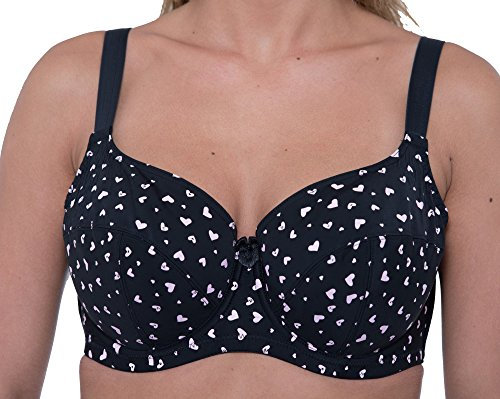 Orchid Womens GEMM Heart Print Balcony Full Cup Underwire Firm Support, Adjustable Straps, Comfort Back Support Bra, Black Pink, 36E