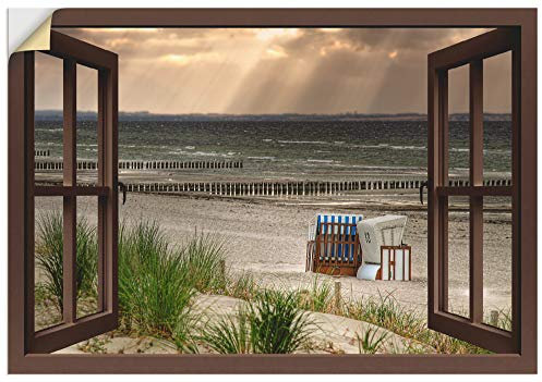 ARTland Wanddeko Wandtattoo selbstklebende Vinylfolie 100x70 cm Fensterblick Fenster Strand Düne Meer Maritim Strandkorb Küste Insel T6AL