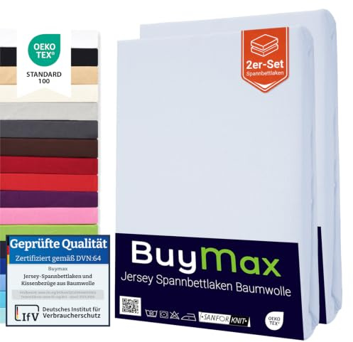 Buymax Spannbettlaken 70x140 cm Doppelpack – 2er Set aus 100% Baumwolle Jersey, 140 g/m², für Baby- & Kinderbett, Matratzen bis 15 cm, Oeko-TEX, Weiß