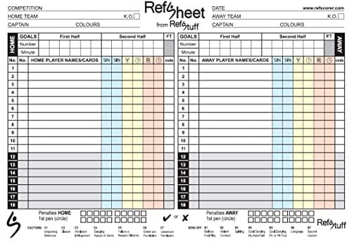 RefSheet (Pack 50) Soccer Referee Match Day Score Sheets