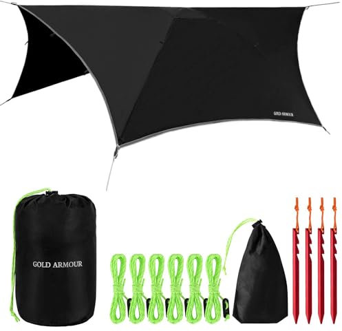 Gold Armour Rainfly Tarp Hammock, 14.7ft/12ft/10ft/8ft Rain Fly Cover, Waterproof Ultralight Ripstop Fabric, Survival Gear Backpacking Camping Tent Accessories (Black, 12ft x 10ft HEX)