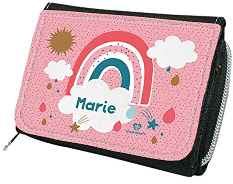 wolga-kreativ Personalisiertes Geldbeutel Kinder mit Namen - Portemonnaie für Mädchen mit Regenbogen Sonne Motiv - Geldbeutel Mädchen Junge Kinder Geschenk mit Namen