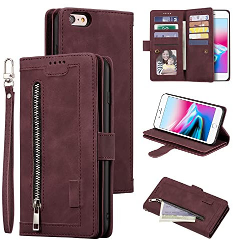 UEEBAI Wallet Case for iPhone 6 Plus iPhone 6S Plus, Retro 9 Card Holder Slots Zipper Pocket Handbag Case PU Leather Magnetic Closure Kickstand with Wrist Strap TPU Shockproof folio Case - Wine Red