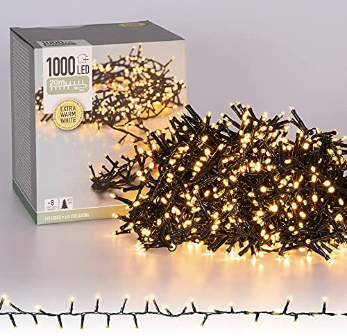ECD Germany LED Cluster Lichterkette 20m Länge, 1000 LEDs Extra Warmweiß, 3m Stromkabel, IP44, Clusterlichterkette Büschellichterkette für Weihnachten Weihnachtsbaum Weihnachtsbeleuchtung, Innen/Außen