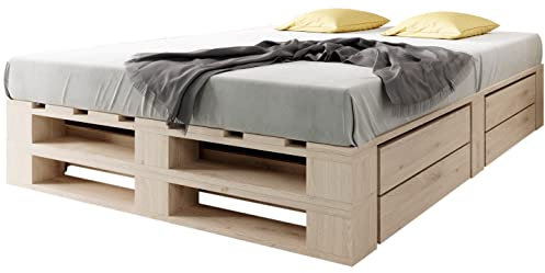 sunnypillow Palettenbett M2 aus Holz 160 x 200 cm mit Lattenrost und 2 Bettkästen. Doppelbett, Familienbett - erhöhtes Ehebett Bettgestell Futonbett Komforthöhe Naturholz Massivholzbett