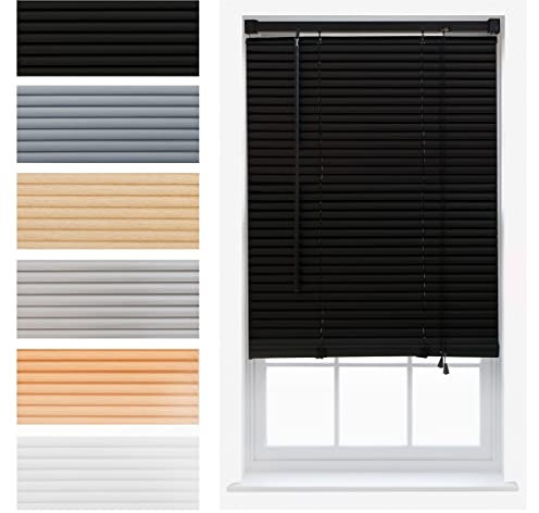 FURNISHED Venetian Blinds Window Venetian Blind Easy Fit PVC Curtains Trimmable Shades for Home Kitchen Windows Treatment Shutters 25mm Slats Complete Child Safe Fittings - Black 115W x 150L cm