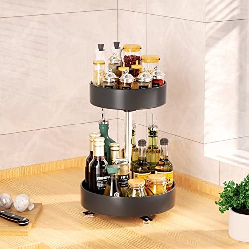 YunNasi Porta Spezie per Cucina Girevole Lazy Susan Organizer in Metallo Portaspezie Nero Regolabile in Altezza (2-Tiers)