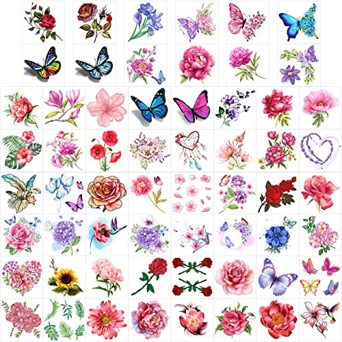 Qpout 60 feuilles Tatouage Temporaire de Fleurs pour Femmes/Filles, tatouage temporaire de rose réaliste, Tatouages de papillons d'enfants et de filles, Rose papillon tatouage autocollant pour adultes