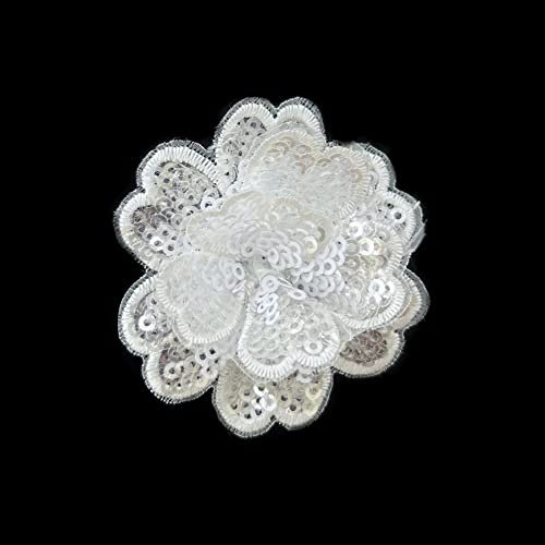 Weiße Stickerei, Blumen, zum Aufnähen, Organza-Spitze, Applikation für Abzeichen, Hochzeit, Brautkleid, DIY, Kopfschmuck, Verzierung (2-lagige Pailletten, 60 mm breit) 10 Stück