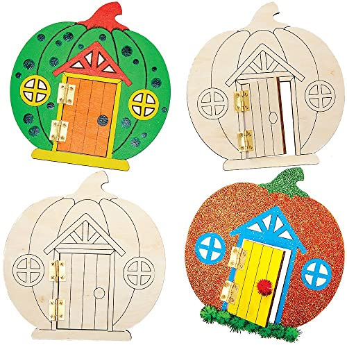 Baker Ross FX250 Pumpkin Wooden Fairy Doors - Pack of 4, Halloween Wood Craft Decoration Craft Kit for Kids