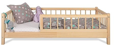 Alije Kinderbett Bett mit Rausfallschutz 90x140cm NINA Lattenrost Bettgestell aus Kiefer Holz für Haus Kinder Jungen & Mädchen - Holzbett Baby Kinderzimmer Junge Deko
