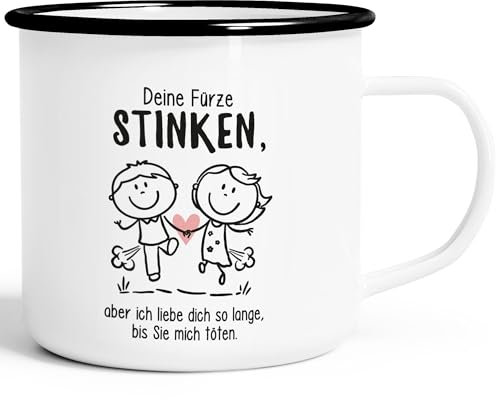 Moonworks® Emaille-Tasse Deine Fürze stinken aber ich liebe dich Geschenk Freund Mann lustige Liebeserklärung Emaillebecher emaille-weiß-schwarz standard