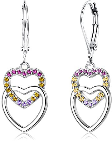 LOLIAS 925 Sterling Silber Herz Ohrhänger Ohrringe für Damen Mädchen Silber Creolen Mehrfarbige Zirkonia Baumeln Ohrringe Hypoallergene Doppelherz Huggie Creolen Ohrringe