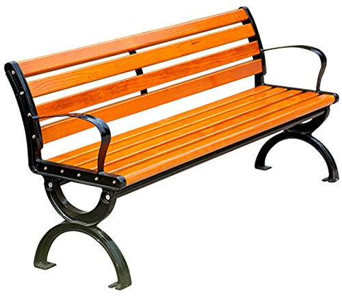HUHJYUGE Outdoor Bank, Balkon Bank Holz, Parkbank Gusseisen Gestell, Gartenbank Aus Holz, Rustikal, Massives Holz Wetterfest, Mit Armlehnen & Rückenlehne, Für Terrasse (180cm)