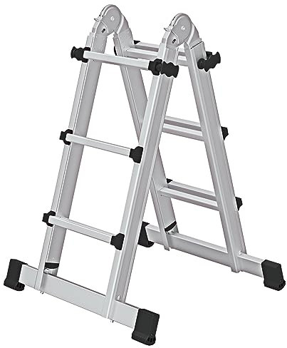 PROREGAL Teleskopleiter | 4-teilig | mit Traverse | 4x3 Sprossen | Leiter, Teleskopleiter, Trittleiter, Bockleiter, Sprossen-Doppelleiter