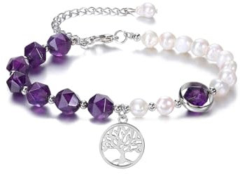 GEHECRST Amethyst Perlenarmband Lebensbaum Edelstein Yoga Energietherapie Glückbringen Einstellbar für Damen Herren (Amethyst)