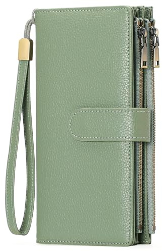 GOIACII Damen Leder Geldbörse mit Handgelenkband, Große Kapazität Portemonnaie mit 2 Reißverschlussfach, RFID-Schutz Brieftasche für Damen Minzgrün