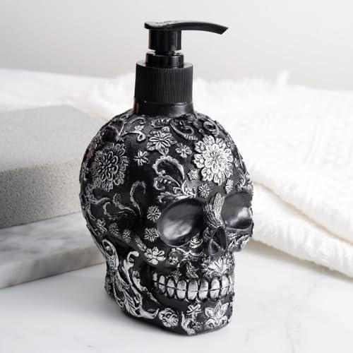 Schädel Seifenspender mit Pumpe, Nachfüllbarer Flüssiger Handlotionsflasche für Bad, Schlafzimmer und Küche (Schwarz-Silber)