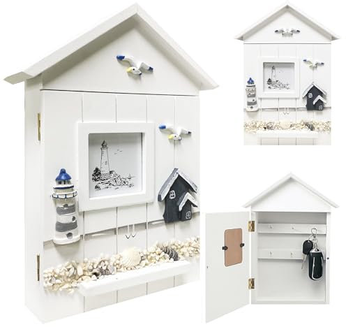 Bocguy Schlüsselkasten Holz, Leuchttürme Schlüsselkasten, Schlüsselkasten Vintage mit 6 Schlüsselhaken, Schlüsselschrank zur Wandmontage, Schlüsselkasten Modern für Eingang,Flur,Büro, 30 x 22 x 6,5cm