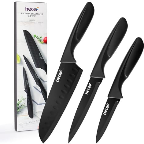 hecef Coltelli da Cucina Nero, 3 Pezzi Set Coltelli Professionali, Ultra Affilati Acciaio Inox Coltelli| 17,8cm Coltello da Santoku, 12,7cm Coltello da Frutta, 8,9cm Coltello di Sbucciatura