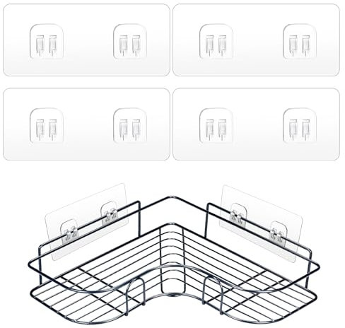 COMNICO 4 Pack Shower Caddy Adhesive Hooks Replacement, Strong Self-Adhesive Sticker No Drilling Waterproof Hanging Hooks for Bathroom Storage Shelves Kitchen Racks (Double Hook,Transparent)