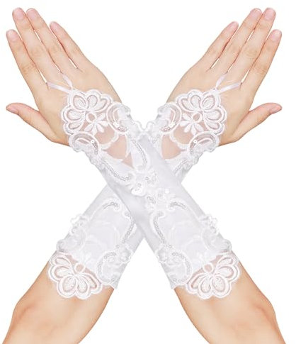 Lusofie Brauthandschuhe Damen Elegante Fingerlose Satin Handschuhe Lang Brautparty Ballkleid Oper 1920er Jahre Handschuhe Spitze Weich Maskerade 20er Jahre Kostüm Damen (Weiß)