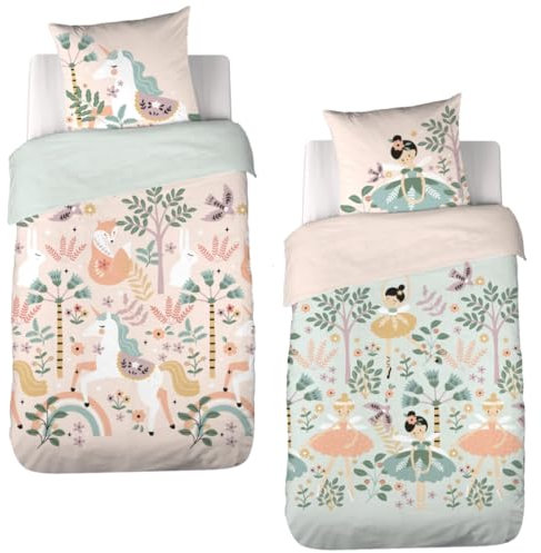 Parure de lit imprimée bi-Histoire 140x200 cm Enfant - Housse de Couette 140x200 cm + 1 Taie d'oreiller 63x63 cm Motif imprimé Dame et Licorne Rose et Bleu – Sets de Housse de Couette en Coton