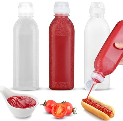 Fokroin 3 Stück Squeeze Flasche, Ölflasche Plastik 300ML, Plastik Quetschflasche Mit Kappen, BPA Frei,Kein Leck Condiment Flaschen für Malen,Backen,Ketchup,scharfe Soße,Olivenöl, Saucenflasche