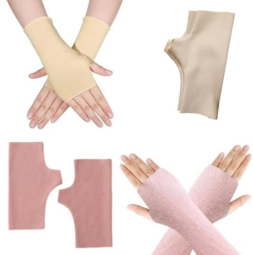 YCZARD Fingerless Gloves - Winter Thermal Women's Wrist Warmers, Half Finger Gloves with Thumb Hole - Christmas Gifts for Girls & Ladies (Pink & Off White, One Size)