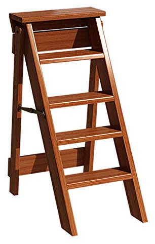 kitchen step stool， Wooden 5 Step Ladder Stools Natural Solid Wood Folding Stepladders Chairs for Library Kitchen or Home Gar