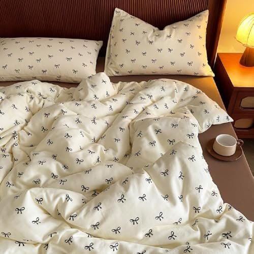 Freyamy Bettwäsche 135x200cm Creme Schwarz Schleife Bettwäsche für Mädchen | 2teilig Wende Bettwäsche set Microfaser Bettbezug mit Reißverschluss + 1 Kissenbezug 80x80 cm