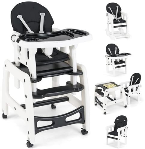 GOPLUS Chaise Haute 4 en 1 avec Fonction de Bascule, Ensemble de Table + Chaise Multifonctionnel pour Enfant 0,5-8 Ans avec Dossier Réglable, Plateau Amovible et Roues Universelles (Noir)