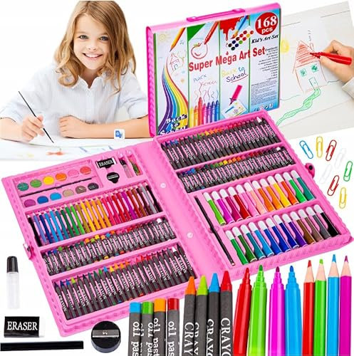 Kinder Malkoffer 168 Teile – Malkoffer Mädchen & Jungen – Mega Malset Kinder mit Wachsmalstiften, Filzstiften, Wasserfarben – Malsachen im Koffer – Kreativset ab 3 Jahren