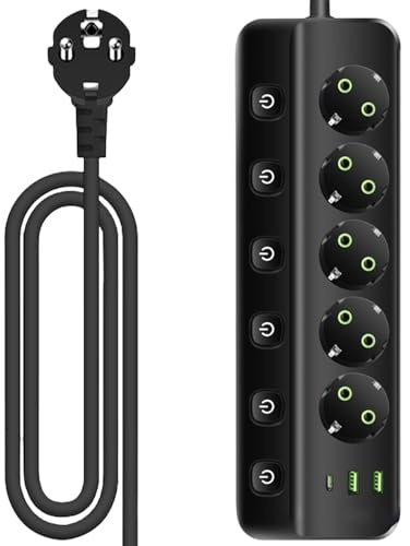 Steckdosenleiste Einzeln Schaltbar, Mehrfachsteckdose mit 2 USB-A und 1 USB C, 8-in-1 Steckdosenverteiler mehrfachstecker Steckdosenleiste üiberspannungsschutz für Heim Büro (Schwarz)