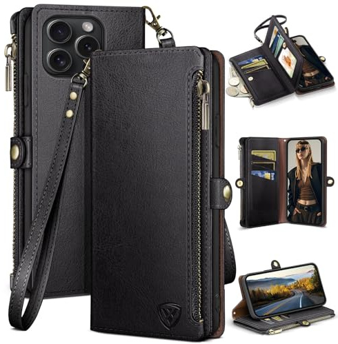 XcaseBar compatible with ‌iPhone 16 Pro Max Wallet case with Zipper Credit Card Holder【RFID Blocking】,Flip Folio Book PU Leather Cover Shockproof Phone case Women Men for Apple 16 Pro Max case Black