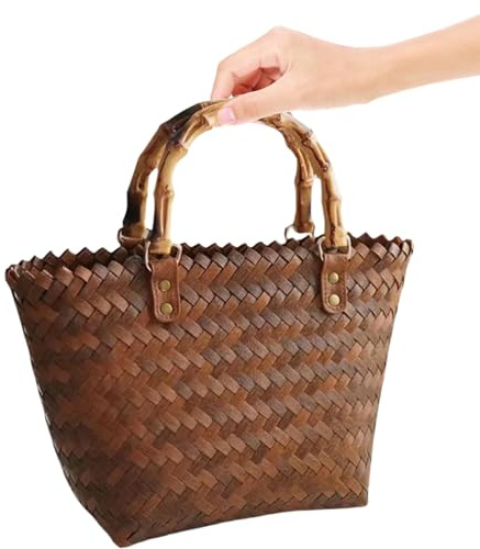 minkissy Sac Paille Tressée Vintage avec Anse Bambou Grand Cabas Plage Femme Polyvalent Sac Épaule Fond Rigide pour Sorties et Courses