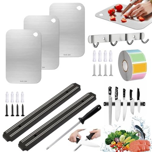 3 Piezas Tabla De Cortar Acero Inoxidable,23,5x14,5cm Titanium Cutting | Board,2 Soporte Magnetico Cuchillos,33cm Magnetic Knife Block Stirp,29cm Varilla De Afilar,con Ganchos,Etiquetas,para Cocina
