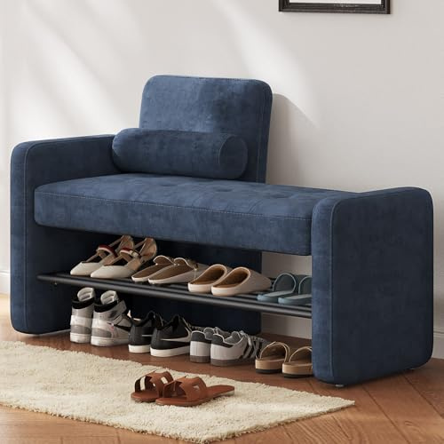 Guyii Gepolsterte Schuhbank mit Sitzfläche aus Samt, Flur Sitzbank mit Stauraum und Schuhregal, Modernes Eingangsmöbel, Bequeme Sitztruhe für Schlafzimmer & Wohnzimmer, Blau