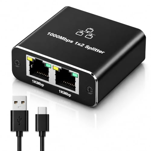 Gigabit Ethernet Splitter 1 to 2 Out with USB Power, 1000Mbps High-Speed RJ45 Network Adapter Compatible with Cat5/5e/6/7/8 Cables, Plug-and-Play Internet Port Expander for PC, Router, TV