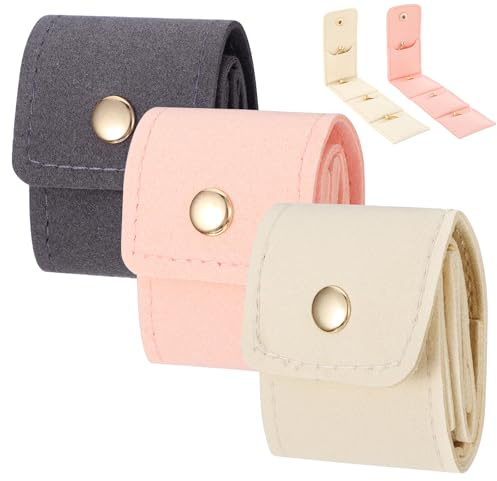 TIESOME 3 Stück Schmucktasche für Reisen, Faltbarer Reise Schmuck Organizer aus Mikrofaser, Kompakte Aufbewahrung für Ohrringe, Ringe & Ketten, 9.05 x 1.77 Zoll (Beige+Grau+Rosa)