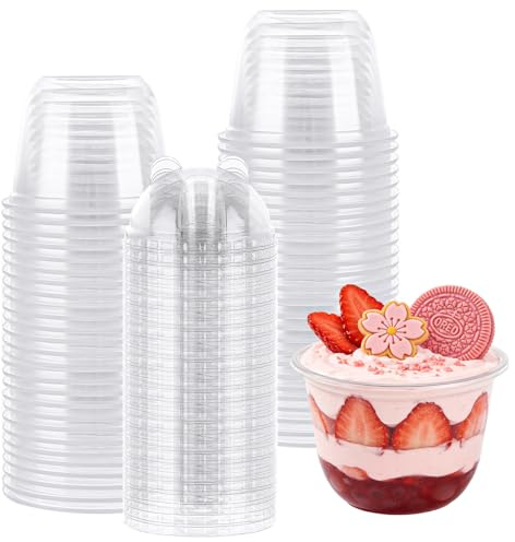 AHAQU 100PCS Dessert Cups with Lids, 300ml/10.5oz Reusable Parfait Cups, Clear Plastic Cups with Dome Lids (No Hole) for Fruit, Ice Cream, Candy, Cold Drinks