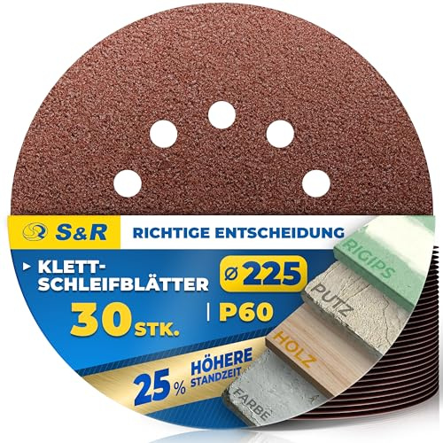 S&R Schleifpapier 225mm Klett P60, 10-Loch, Schleifgiraffe 225mm | Schleifscheiben, 30-tlg für Exzenterschleifer, Langhalsschleifer (Schleif-Giraffe), Schleifpapier für Wand, Decke, Gipskarton