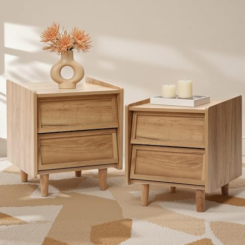 Hometopia Nachttisch 2er Set Holz mit 2 Schubladen, Moderner Nachtschrank mit Abgeschrägter Front & Kiefernholzbeinen, Bedside Table Schlafzimmer, 43 × 39 × 49 cm