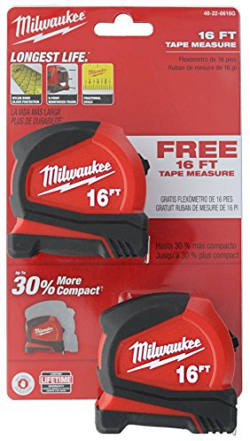 Milwaukee 48-22-6616G 2-Pack of 16’ Compact Tape Measures w/Double-Sided Tape and Scoring Hook