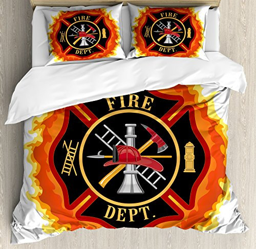 Lunarable Feuerwehrmann Bettbezug-Set, Feuerwehr mit Leiter, öffentliche Dienste, wichtige Werkzeuge von Feuerwehrleuten, dekoratives 3-teiliges Bettwäsche-Set 2 Kissenbezügen, King-Size, weich orange