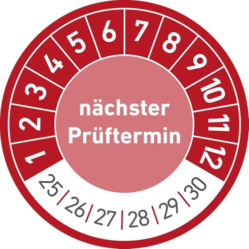 1000 Stück Prüfplaketten 2025-2030 – Nächster Prüftermin 30 mm rot | Prüfetiketten für Wartung und Sicherheit inkl. 2 Gratis Lochzangen Rundloch und Kerbzange
