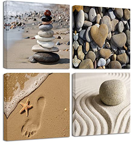 Wieco Art - Canvas Prints Wall Art 4 x 20 x 20 Romantic Pictures Paintings for Living Room Kitchen Home Decor Stretched and Framed Beach Theme Zen Stone Artwork L