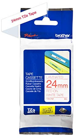 Brother TZe-252 Labelling Tape Cassette, 24 mm (W) x 8 m (L), Laminated, Brother Genuine Supplies - Red on White